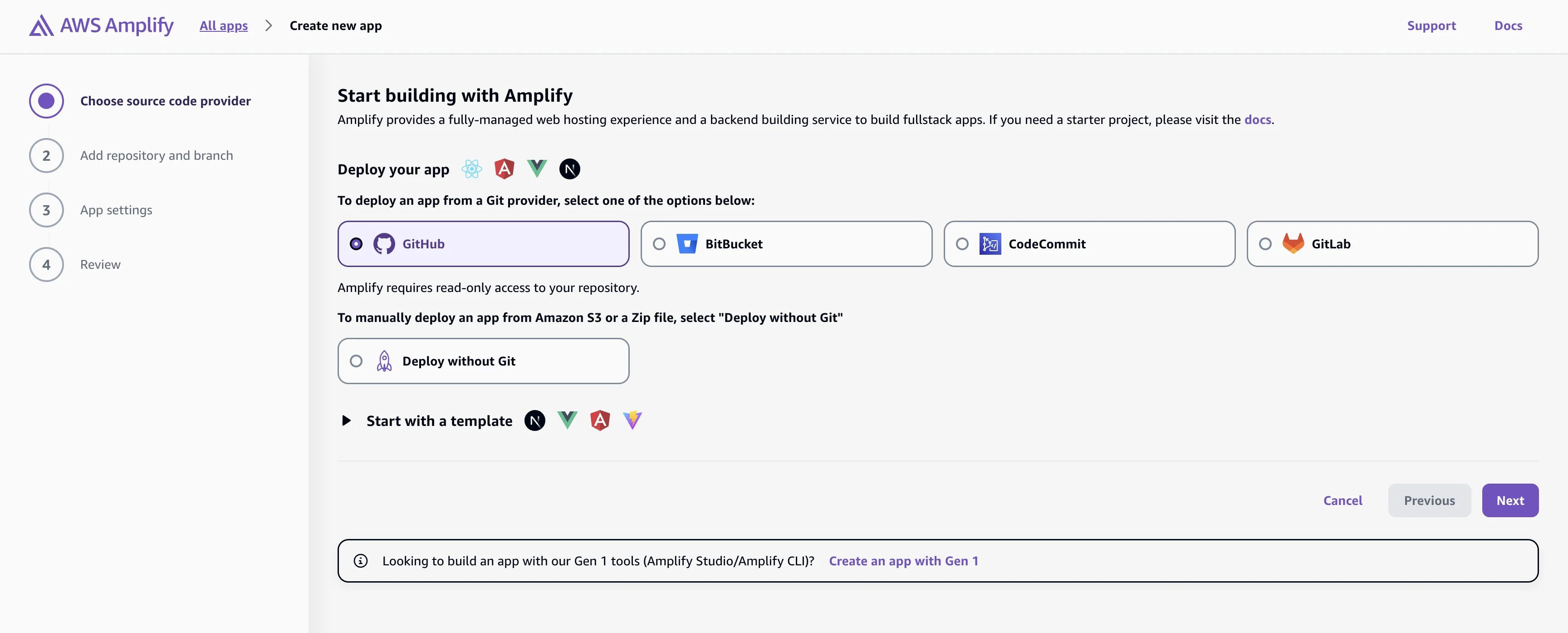 Amplify connect to GitHub